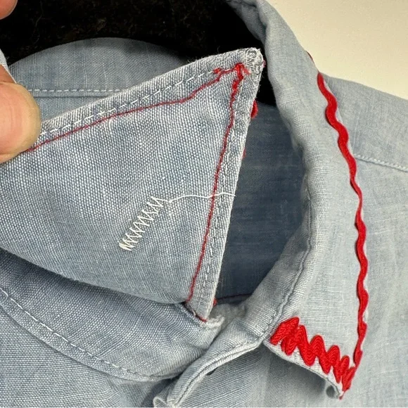 Vintage Blue Shirt with Colorful Patch Pockets Red Rick Rack Quilt - Picture 5 of 9